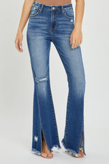 Full Size High Rise Front Slit Frayed Hem Flare Jeans Risen