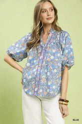 Umgee Smocked Floral Ruffle Trim Top Trendsi BLUE S