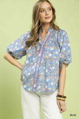 Umgee Smocked Floral Ruffle Trim Top Trendsi BLUE S