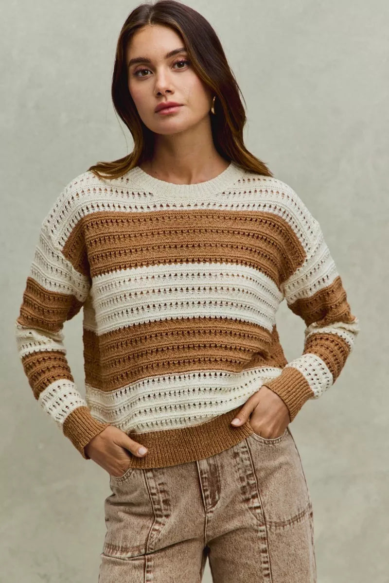 Openwork Round Neck Wide Stripe Textured Sweater So Me CREAM/TAUPE S