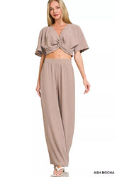 Woven Airflow Twisted Top & Wide Leg Pants Set ZENANA ASH MOCHA S