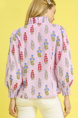 Floral Print Lantern Sleeve Button Down Shirt Umgee