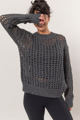 Openwork Round Neck Long Sleeve Knit Cover Up HYFVE Charcoal S