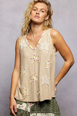 Washed Ribbed V-Neck Tank with Floral Print Star Patch POL