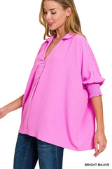 Airflow Collar Tee with Smocked Sleeve Band Top ZENANA