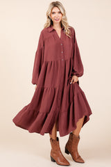 Tiered Button Down Long Sleeve Midi Dress Mittoshop