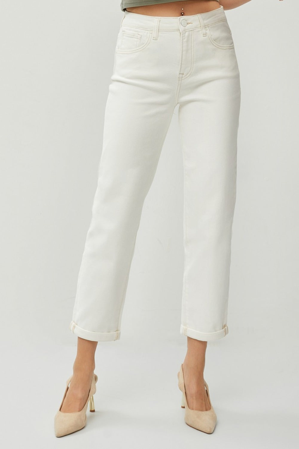 High Waist Rolled Hem Straight Jeans Risen Cream 0(24)