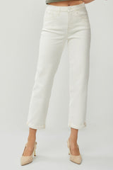 High Waist Rolled Hem Straight Jeans Risen Cream 0(24)