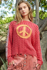 Washed Peace Patch Cable Knit Sweater POL