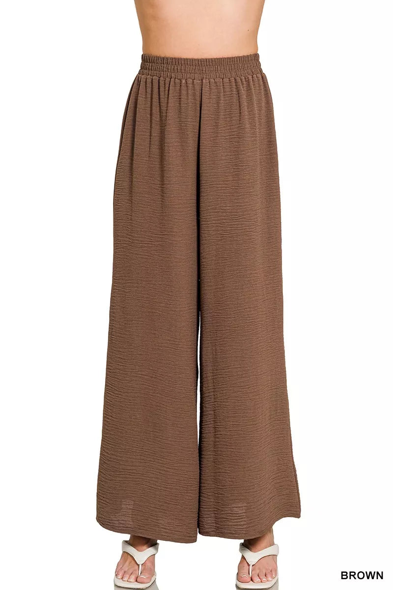 Woven Airflow Elastic Waistband Pants ZENANA BROWN S