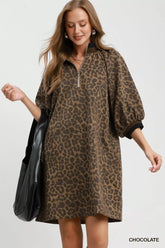 Leopard Print Quarter Zip Puff Sleeve Mini Dress with Pockets Umgee CHOCOLATE S