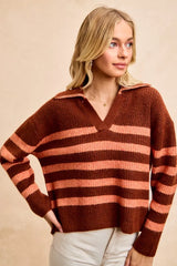 Striped Sweater Top with Collar Stitched Details BiBi