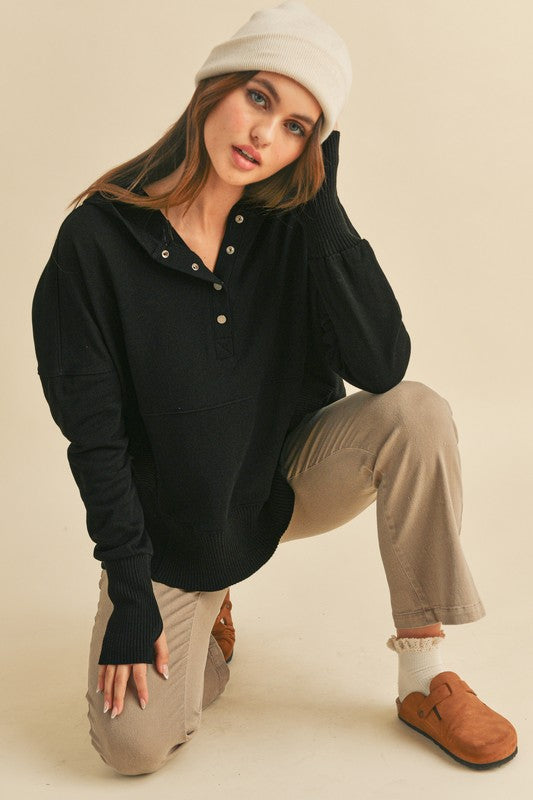 Half Snap Dropped Shoulder Hoodie Aemi + Co Black S