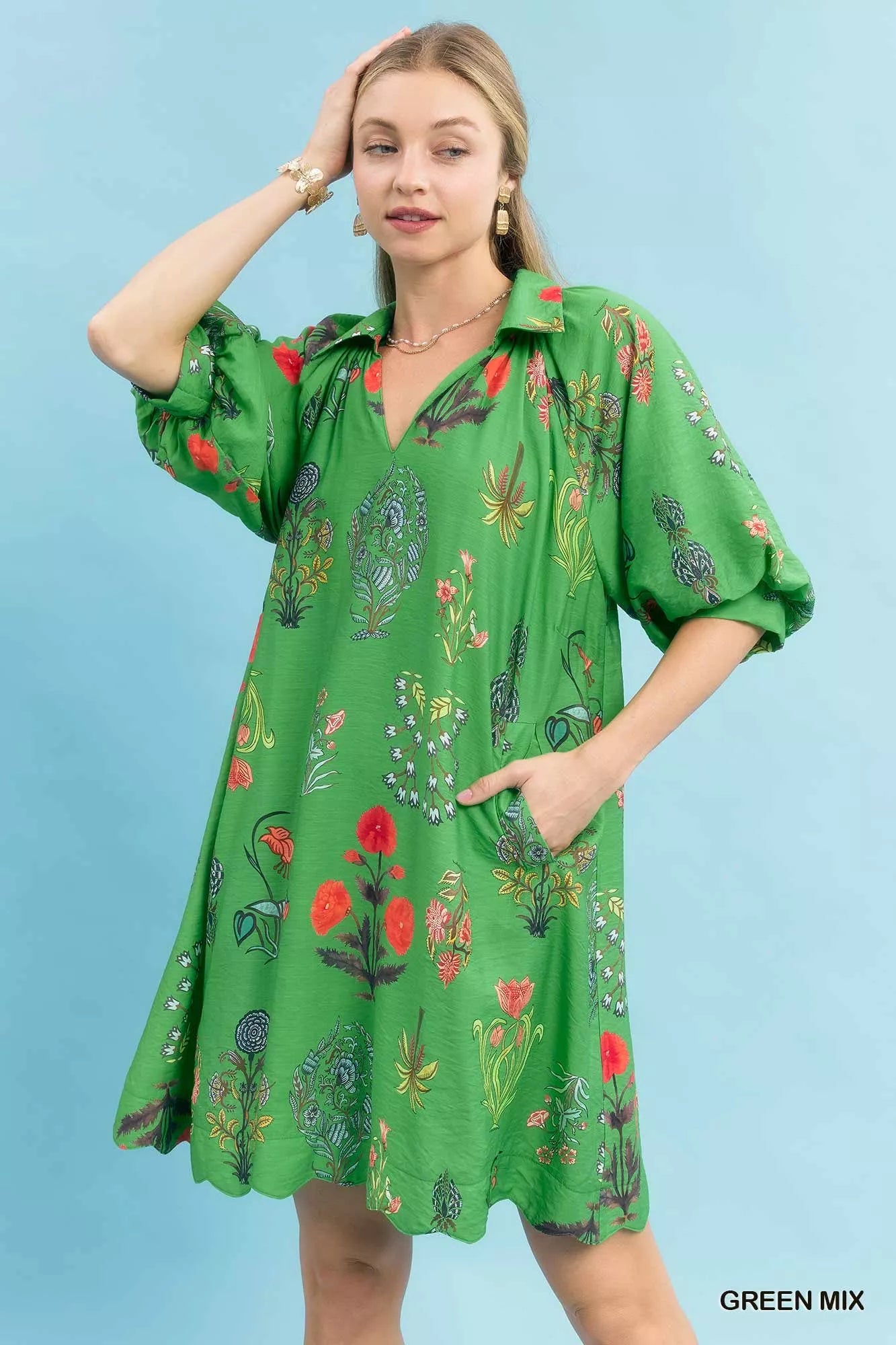 Floral Encyclopedia Print Mini Dress Umgee GREEN MIX S
