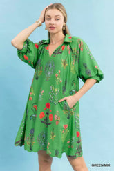 Floral Encyclopedia Print Mini Dress Umgee GREEN MIX S