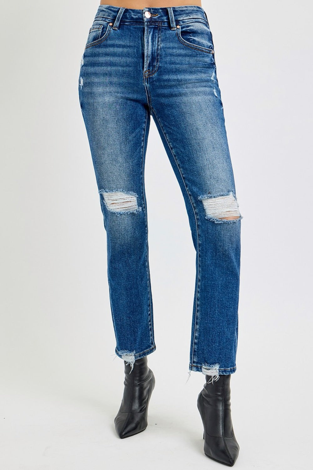 High Rise Distressed Crop Straight Jeans Risen Dark 0(24)
