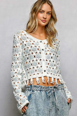 Openwork Floral Crochet Cardigan with Tassel Hem POL