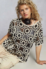 Openwork Short Sleeve Crochet Knit Top with Weave Knit Patterns POL