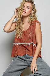 Lace Trim Openwork V-Neck Crochet Tank with Scalloped Edge POL GINGER One Size