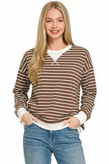 Contrast Striped Round Neck Sweatshirt ZENANA