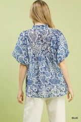 Abstract Print Ruffled Puff Sleeve Top Umgee