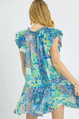Paisley Printed Ruffle Cap Sleeve Mini Dress Umgee