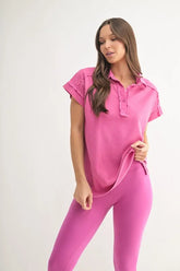 Mineral Wash Half Button Collard T-Shirt Mono B NEW ORCHID S