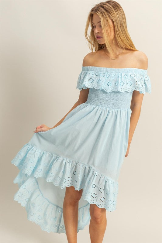 High-Low Eyelet Ruffled Off-Shoulder Dress HYFVE Pastel Blue L