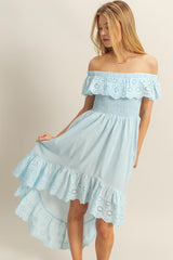 High-Low Eyelet Ruffled Off-Shoulder Dress HYFVE Pastel Blue L