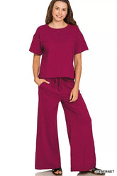 Cotton Slub Short Sleeve Tee and Pants Set ZENANA CABERNET S