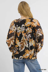 Autumn Leaf Print Balloon Sleeve Blouse Umgee
