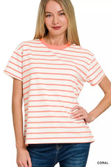 Striped Round Neck Short Sleeve T-Shirt ZENANA CORAL S