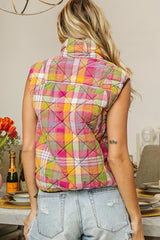 Quilted Washed Plaid Snap Down Vest BiBi