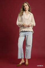 Linen Scallop Hem Blouse with Contrast Trim with Plus Size Umgee