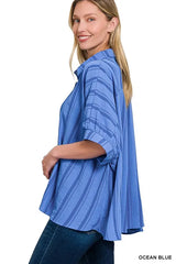 Woven Yarn-Dye Stripe Oversized Button Down Shirt ZENANA