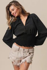 Smocking Waist Band and Puff Sleeves Deep V Neck Top BiBi