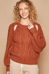 Cable Knit Cutout Long Sleeve Sweater POL Fired Brick S