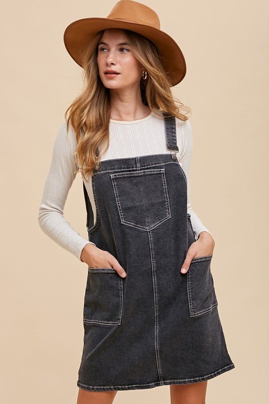 Wide Strap Denim Overall Dress with Pockets Annie Wear Black S