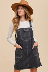 Wide Strap Denim Overall Dress with Pockets Annie Wear Black S