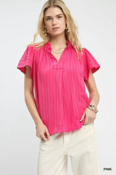 Texture Flutter Sleeve Notched Blouse Umgee PINK S