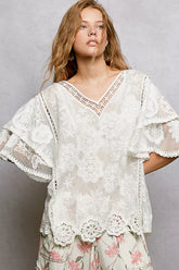Floral Crochet V-Neck Short Sleeve Blouse with Scalloped Hem POL OFFWHITE One Size