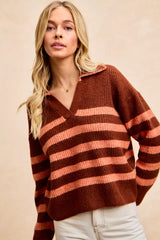 Striped Sweater Top with Collar Stitched Details BiBi