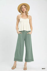 Linen Wide Leg Cropped Pants with Lace Trim Umgee