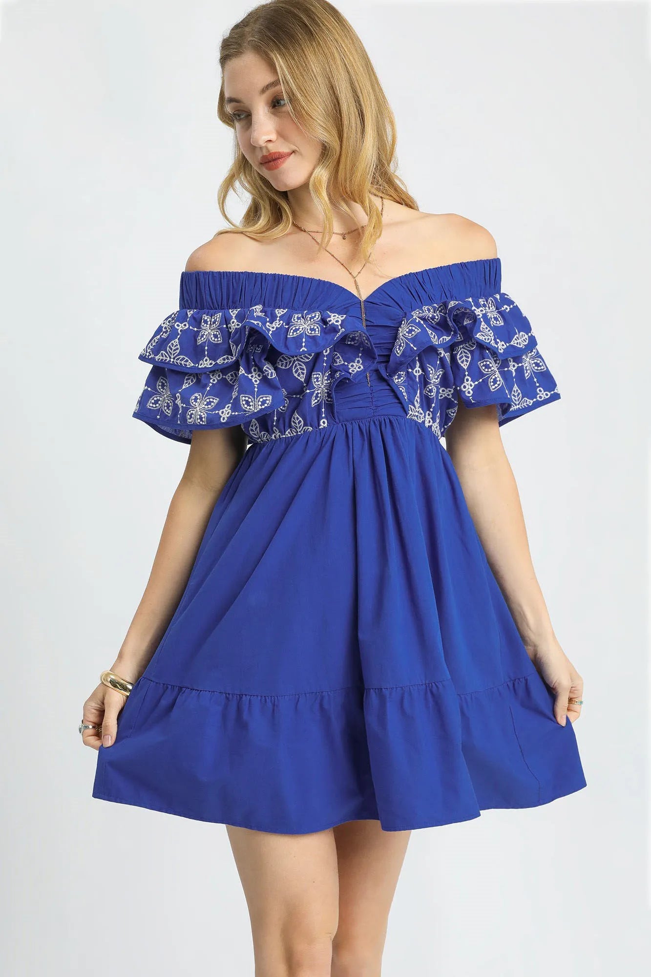 Ruffled Sleeve Embroidered Mini Dress Umgee Navy S