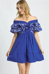 Ruffled Sleeve Embroidered Mini Dress Umgee Navy S