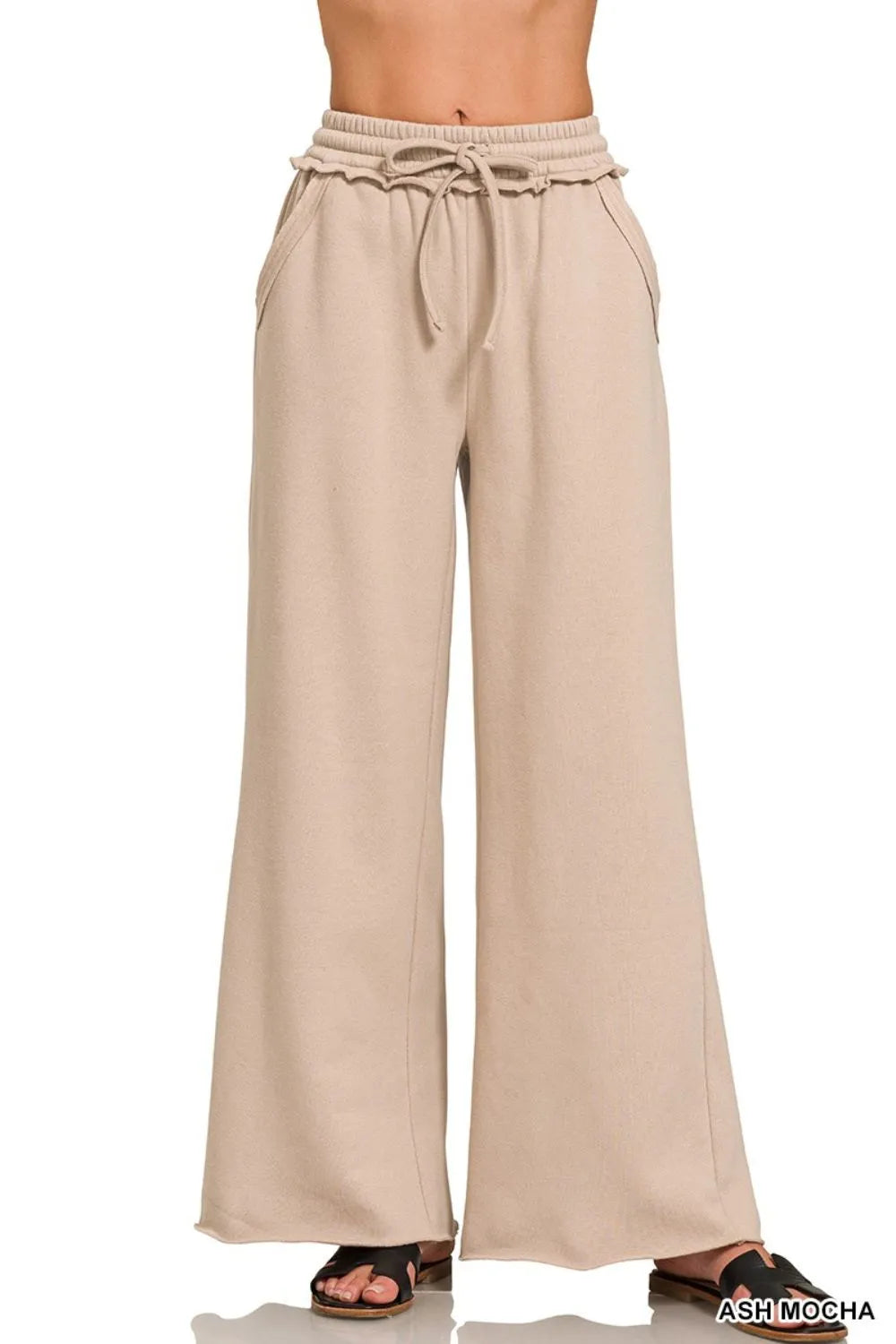 Fleece Exposed Seam Wide Leg Sweatpants ZENANA ASH MOCHA S