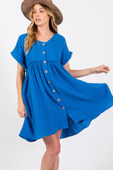 Flowy Button Up Short Sleeve Ruched Dress Sage + Fig Blue S