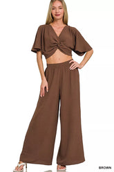 Woven Airflow Twisted Top & Wide Leg Pants Set ZENANA BROWN S
