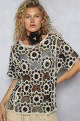 Openwork Short Sleeve Crochet Knit Top with Weave Knit Patterns POL BLACK/BEIGE One Size