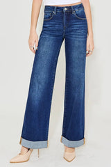Tummy Control High Rise Wide Leg Cuffed Jeans With Plus Size Risen